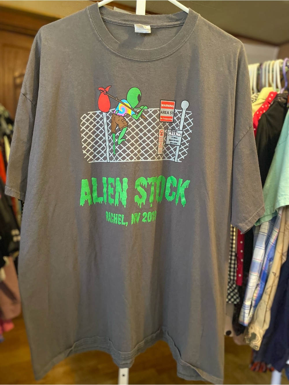 Port and Company Charcoal Tee with Bright Green Alien Stock Graphic